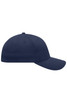 A navy blue 6-panel elastic fit baseball cap featuring a curved brim and ventilation eyelets, with a logo on the front.
