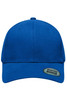A blue 6 panel elastic fit baseball cap featuring a logo on the side.