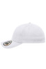 A white 6 panel elastic fit baseball cap with a curved brim and a logo on the side.