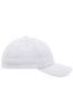 A white 6-panel baseball cap featuring an elastic fit and a curved brim. It has a logo on the side.