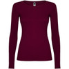 A long-sleeved women's t-shirt in burgundy with a fitted design and a tag.