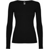 A long-sleeved women's t-shirt in black, featuring a fitted design and a logo at the neckline.