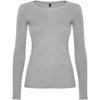 A grey long-sleeved women's t-shirt with a fitted design and a logo at the neckline.