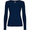 A long-sleeved women's t-shirt in navy blue with a fitted design and a branding label at the neckline.