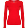 A long-sleeved women's t-shirt in bright red with a fitted design and a logo on the tag.