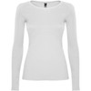 A long-sleeved women's T-shirt in white, featuring a fitted design and a logo at the neckline.