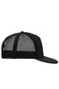 A black 5 panel flat peak cap featuring a mesh back and a solid front, including a logo.