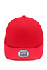 A red 5 Panel Flat Peak Cap with a logo at the front and mesh sides for breathability.