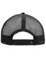 A black 5-panel flat peak cap featuring a mesh back and an adjustable strap.