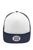 A 5 panel flat peak cap featuring a white front and navy blue peak, with a logo on the front.