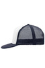 A navy and white 5 panel flat peak cap with a mesh back and a branded logo.