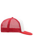 A red and white 5 Panel Flat Peak Cap featuring a mesh back and a solid visor. It has a logo on the front.