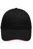 A black 6 panel brushed sandwich cap featuring a contrasting red trim and a logo on the front.