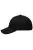 A black 6 panel brushed sandwich cap with a contrasting red trim, featuring a logo on the front.