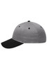 A grey and black 6 panel brushed sandwich cap featuring a rounded crown and pre-curved peak. It includes a logo.