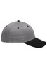 A grey and black six-panel brushed sandwich cap featuring a logo and a curved brim.