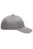 A grey 6 panel brushed sandwich cap with a curved brim and a logo on the front.
