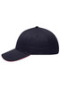 A navy blue 6 panel brushed sandwich cap with a contrasting red trim and a logo on the front.