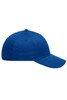 A blue 6 panel brushed sandwich cap with a curved visor and a logo on the front.