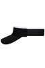 A black sun visor with a white underside and an elastic band for a snug fit. Features a logo on the side.