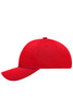 A red 6 panel sport mesh cap with a curved brim and a logo on the front.