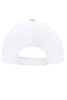 A white 6 Panel Sport Mesh Cap featuring a rear closure and ventilation. It includes a logo on the back.