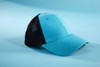 A blue and black 6 panel elastic fit mesh cap with a structured front and mesh back.