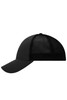 A black 6-panel elastic fit mesh cap featuring a solid front and mesh back. It includes a logo on the front.
