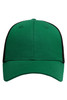 A green 6 panel elastic fit mesh cap with a black mesh back and a curved brim. It features a logo on the front.
