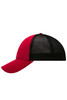 A red and black 6-panel elastic fit mesh cap featuring a curved brim and a mesh back panel.