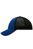 A blue and black 6 panel elastic fit mesh cap with a curved brim and a mesh back. Features a logo.