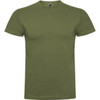 An olive green t-shirt with a crew neckline and short sleeves; features a logo at the collar.