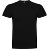 A black T-shirt featuring a crew neckline and short sleeves, with a logo on the collar.