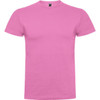 A pink T-shirt featuring a round neckline and short sleeves, with a logo on the collar.