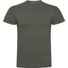 An olive green T-shirt with a crew neckline and short sleeves, featuring a logo on the collar.
