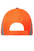 A bright orange cap with reflective grey accents and an adjustable strap at the back. It features a logo.