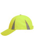 A high-visibility yellow cap with reflective grey stripes on the sides and a curved brim. It has a logo on it.