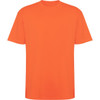 An orange oversized T-shirt. The shirt has short sleeves and a crew neck. It features a logo.