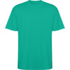 A teal oversized T-shirt with short sleeves, featuring a simple design and a logo.