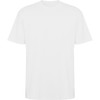A plain white oversized T-shirt with short sleeves and a loose fit. It features a logo on one side.