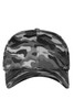 A camouflage cap featuring a grey and black pattern. It has a curved brim and a logo on the front.