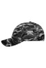 A camouflage cap featuring shades of grey and black, with a classic six-panel design and a logo.