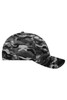 A camouflage cap in shades of grey, featuring a curved brim and a logo on the side.