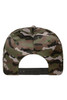 A camouflage cap featuring a six-panel design and an adjustable strap at the back.