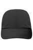 A black 3 panel cap featuring a curved brim and a logo on the front.