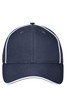 A navy blue six-panel cap with contrasting white piping and a logo on the front.