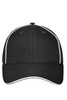 A solid black six-panel workwear cap with white piping and a logo on the front.