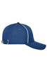 A solid navy blue cap with white piping, featuring a logo and an adjustable strap at the back.