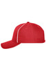 A red six-panel cap with a curved brim and contrasting white piping, featuring a branding logo.