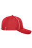 A red six-panel workwear cap with a curved brim and contrasting white piping, featuring a logo on the side.